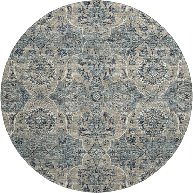 8' Denim Blue And Gray Floral Medallion Washable Round Rug With UV Protection