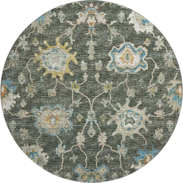 8' Charcoal Blue And Gold Floral Medallion Washable Round Rug With UV Protection