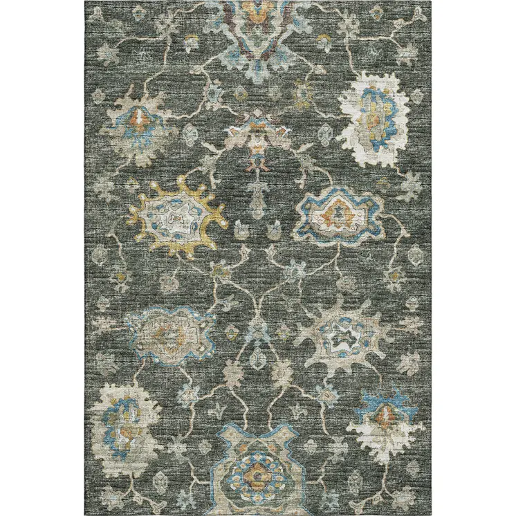 9' X 12' Charcoal Blue And Gold Floral Medallion Washable Area Rug With UV Protection
