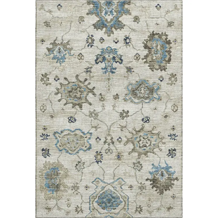 5' X 8' Blue Ivory And Gray Floral Medallion Washable Area Rug With UV Protection