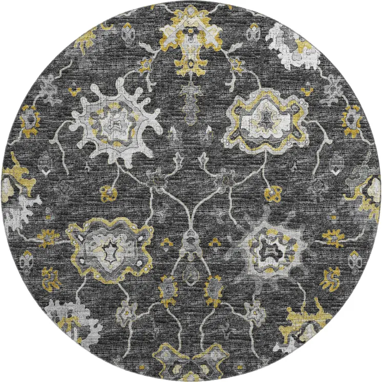 8' Graphite Ivory And Gold Floral Medallion Washable Round Rug With UV Protection