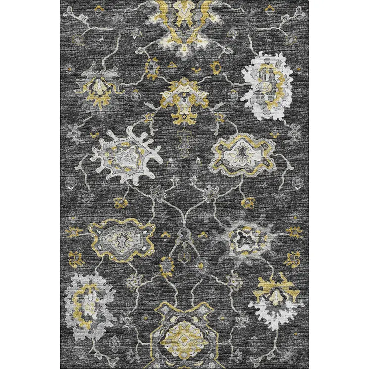 8' X 10' Graphite Ivory And Gold Floral Medallion Washable Area Rug With UV Protection