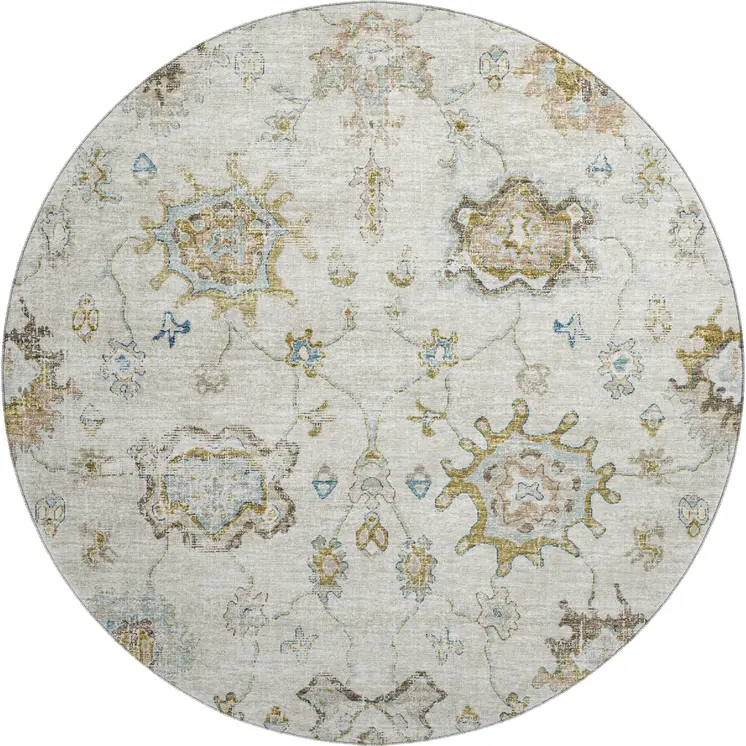 8' Linen Blue And Coffee Floral Medallion Washable Round Rug With UV Protection