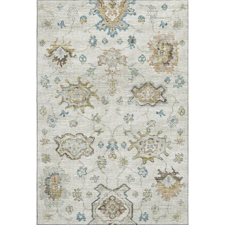 8' X 10' Linen Blue And Coffee Floral Medallion Washable Area Rug With UV Protection