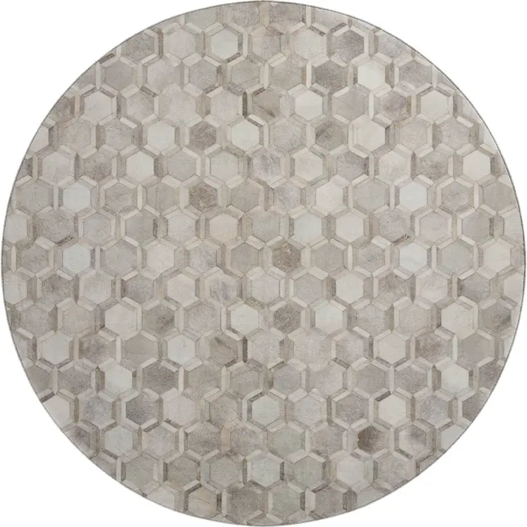 8' Gray Ivory And Beige Geometric Washable Round Rug With UV Protection