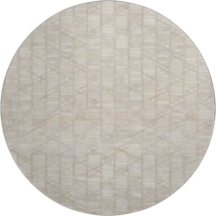8' Ivory And Beige Geometric Washable Round Rug With UV Protection