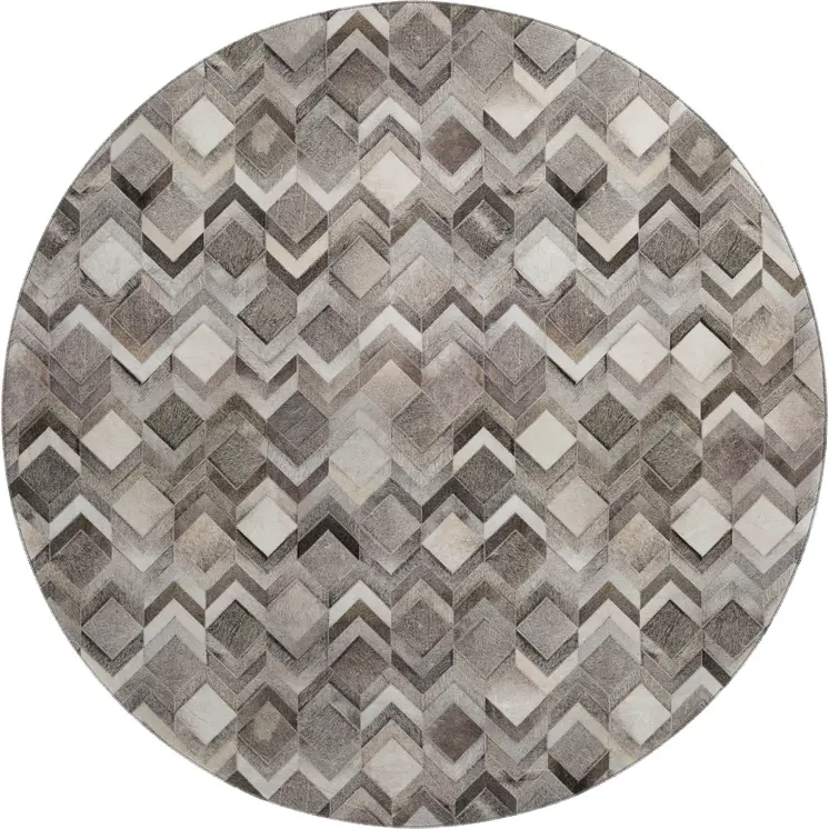 8' Gray Ivory And Black Geometric Washable Round Rug With UV Protection