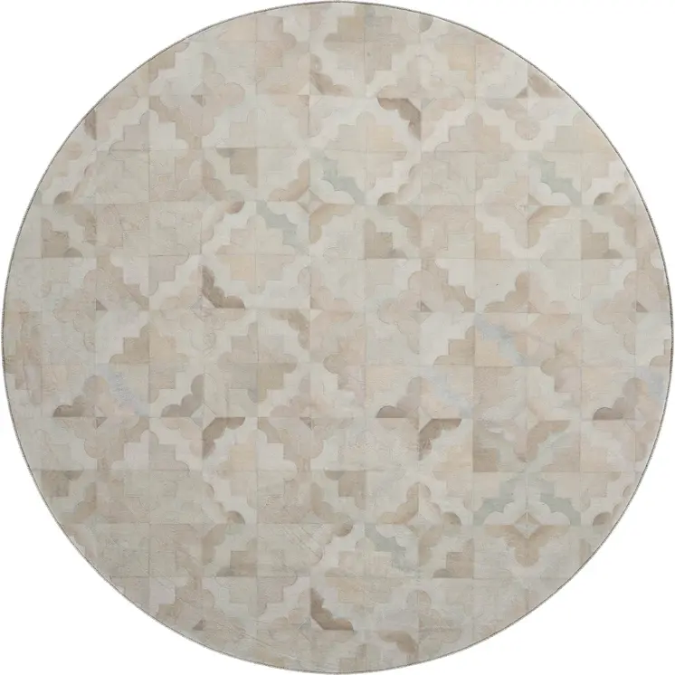 8' Ivory Beige And Gray Geometric Washable Round Rug With UV Protection