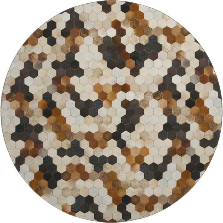 8' Black Brown And Ivory Geometric Washable Round Rug With UV Protection