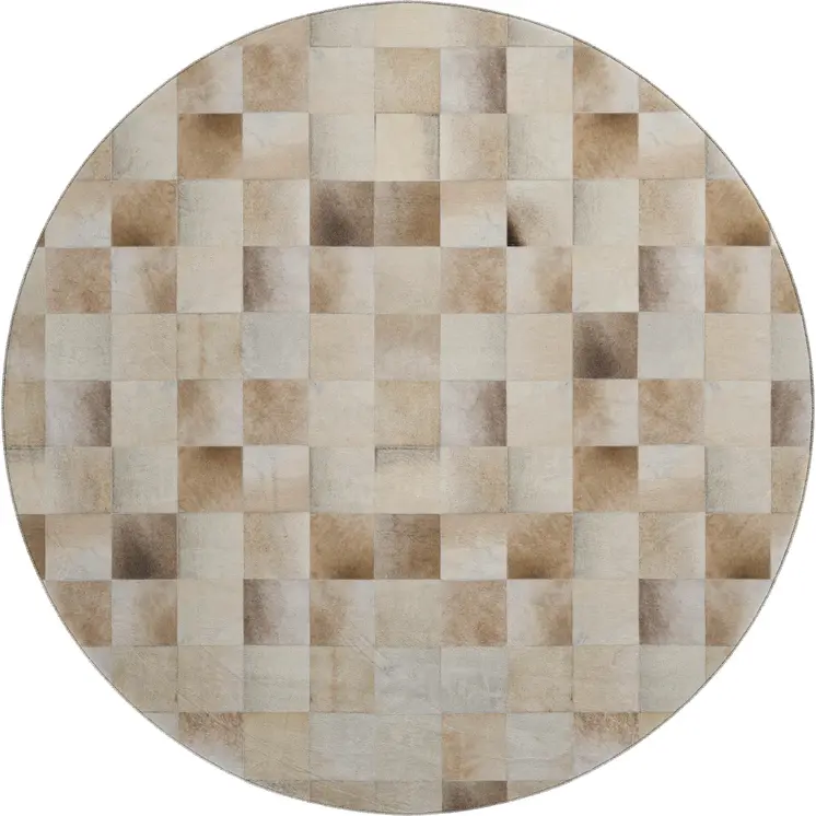 8' Taupe Ivory And Beige Patchwork Washable Round Rug With UV Protection