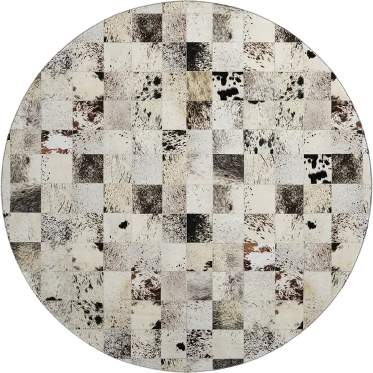 8' Granite Gray Ivory And Black Patchwork Washable Round Rug With UV Protection