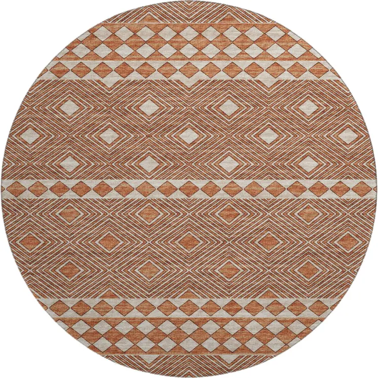 8' Burnt Sienna And Ivory Geometric Washable Round Rug With UV Protection