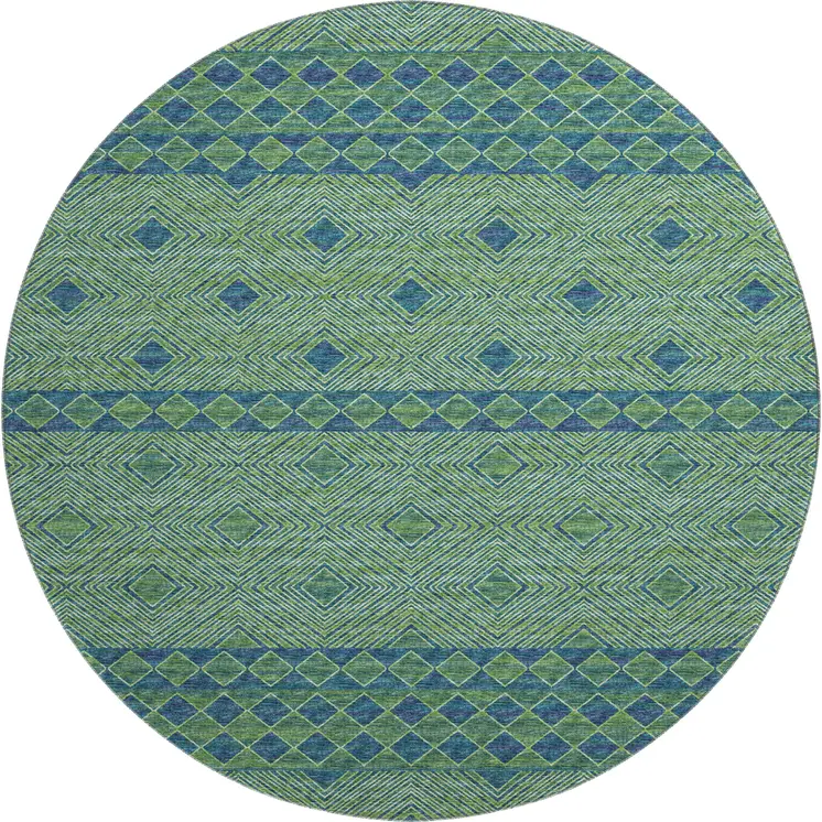 8' Green And Navy Blue Geometric Washable Round Rug With UV Protection