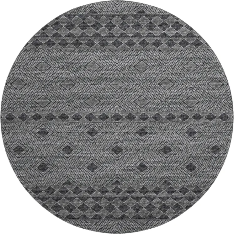 8' Gray And Black Geometric Washable Round Rug With UV Protection