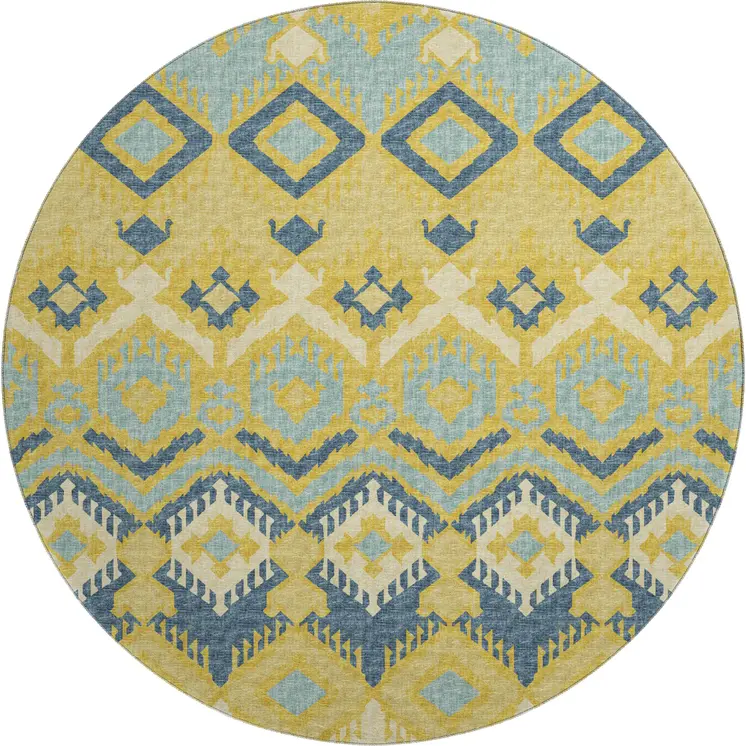 8' Yellow Ivory And Navy Blue Tribal Washable Round Rug With UV Protection