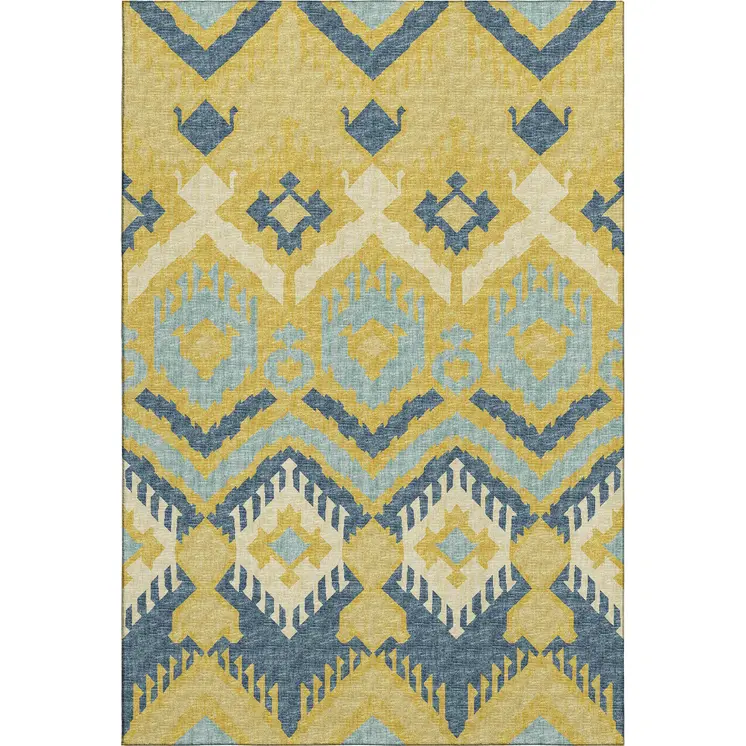 8' X 10' Yellow Ivory And Navy Blue Tribal Washable Area Rug With UV Protection