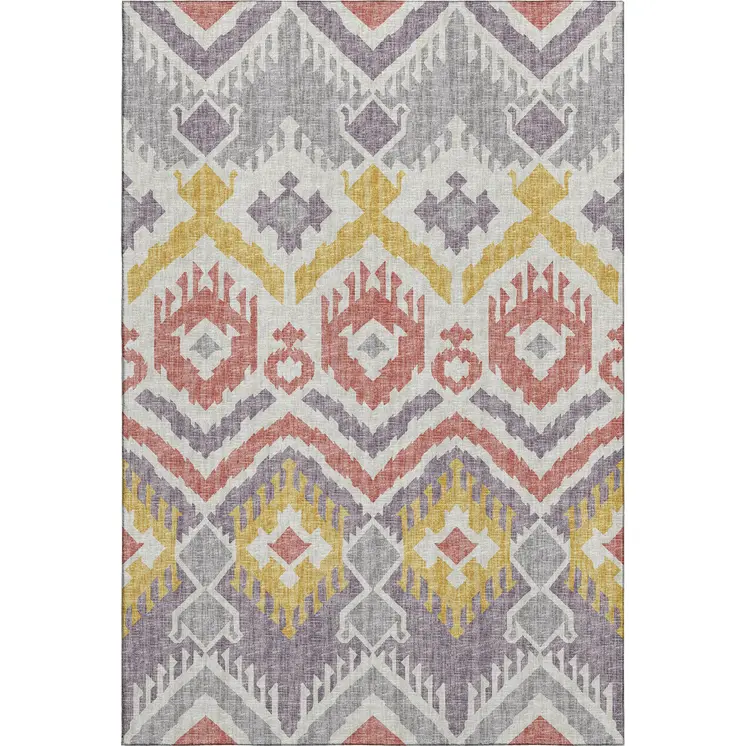 5' X 8' Purple Ivory And Gold Tribal Washable Area Rug With UV Protection