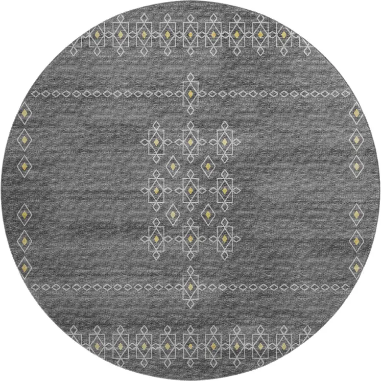 8' Gray Gold And Silver Tribal Washable Round Rug With UV Protection