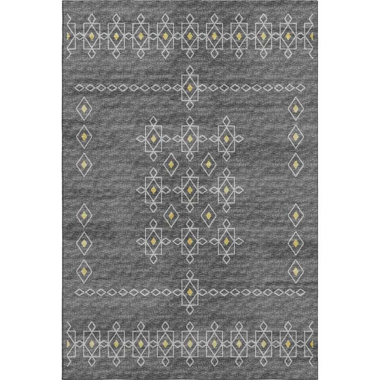 9' X 12' Gray Gold And Silver Tribal Washable Area Rug With UV Protection
