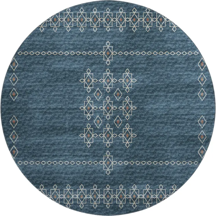 8' Blue Rust And Ivory Tribal Washable Round Rug With UV Protection