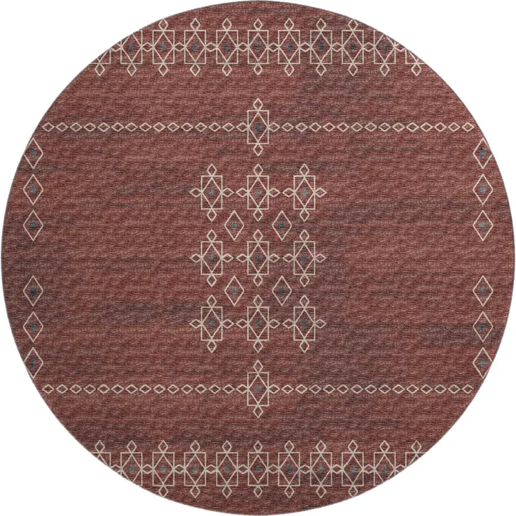 8' Burnt Sienna Ivory And Black Tribal Washable Round Rug With UV Protection
