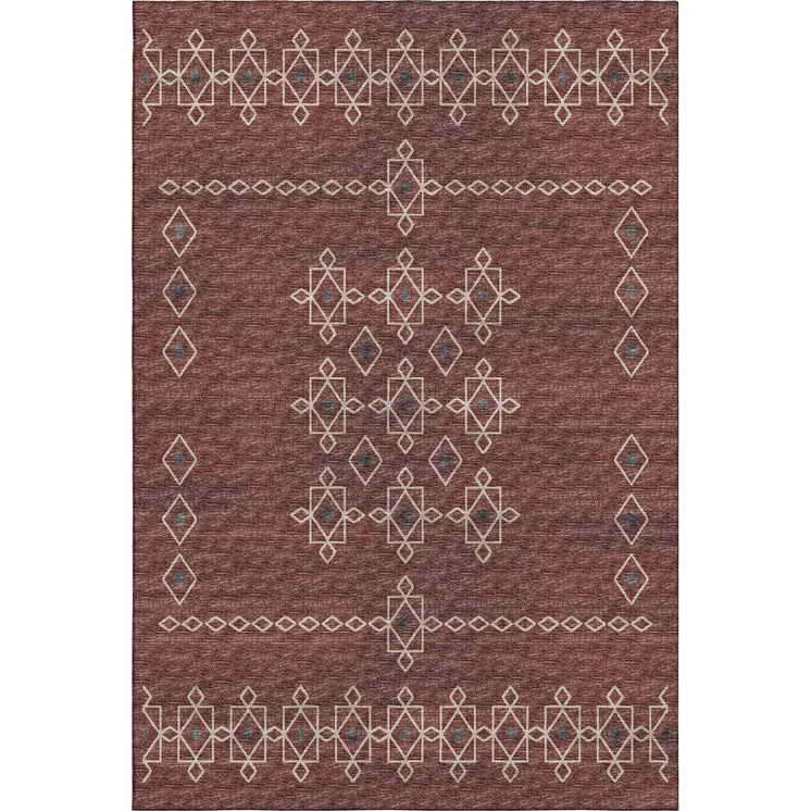 10' X 14' Burnt Sienna Ivory And Black Tribal Washable Area Rug With UV Protection