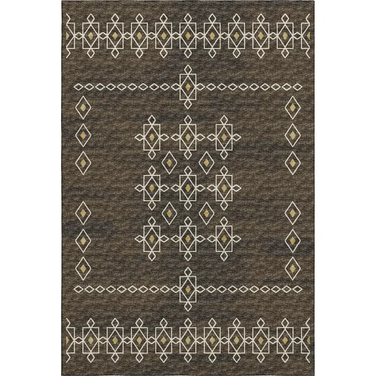 3' X 5' Brown Ivory And Gold Tribal Washable Area Rug With UV Protection