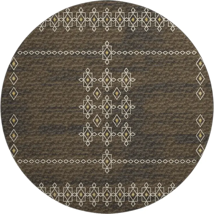 8' Brown Ivory And Gold Tribal Washable Round Rug With UV Protection