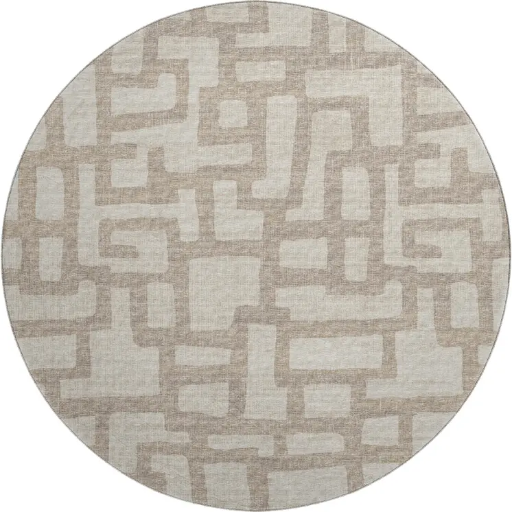 8' Tan And Ivory Abstract Washable Round Rug With UV Protection