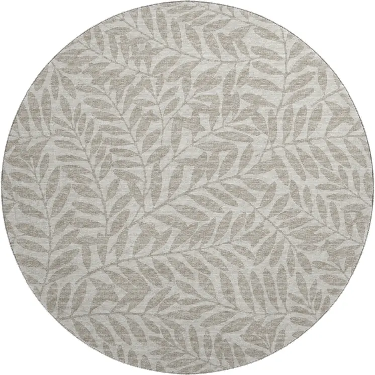 8' Taupe And Ivory Botanical Leaves Washable Round Rug With UV Protection
