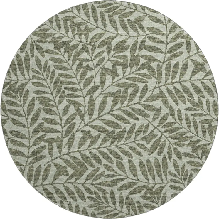 8' Fern Green And Ivory Botanical Leaves Washable Round Rug With UV Protection