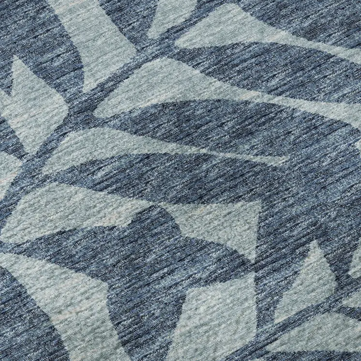 5' X 8' Blue And Ivory Botanical Leaves Washable Area Rug With UV Protection