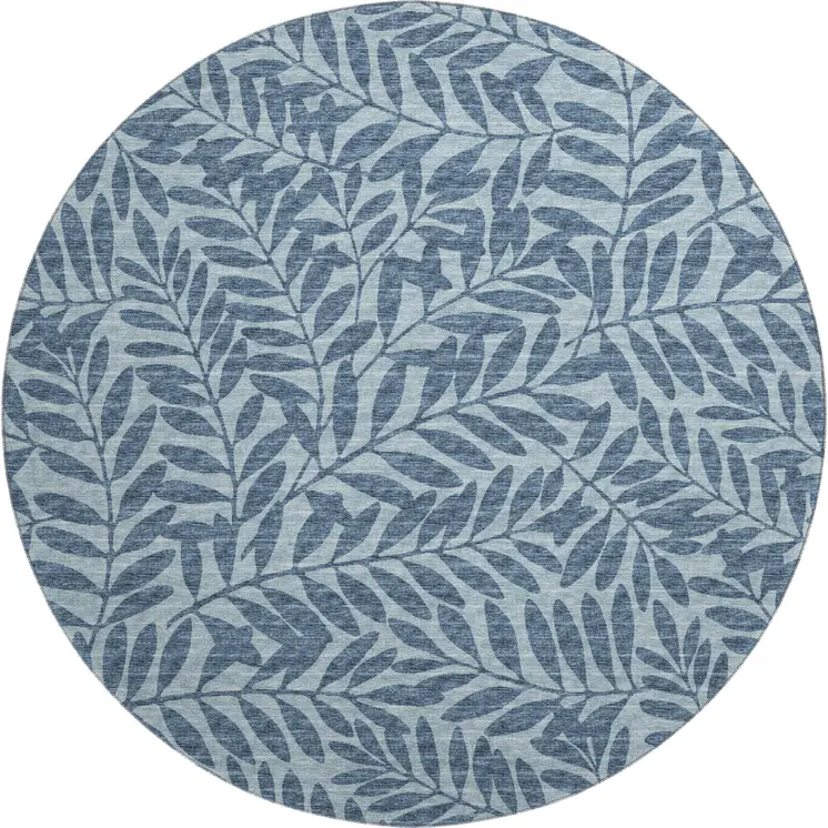8' Blue And Ivory Botanical Leaves Washable Round Rug With UV Protection