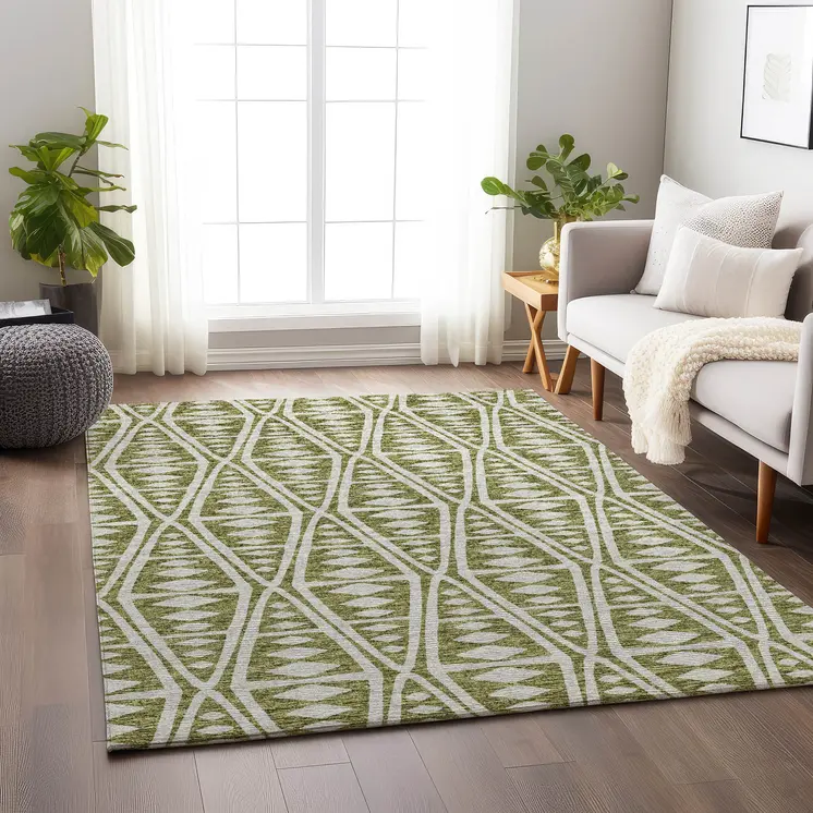 3' X 5' Olive Green And Ivory Tribal Washable Area Rug With UV Protection