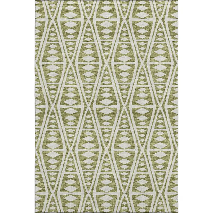 9' X 12' Olive Green And Ivory Tribal Washable Area Rug With UV Protection