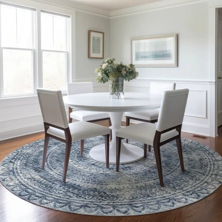 8' Blue And Ivory Medallion Washable Round Rug With UV Protection