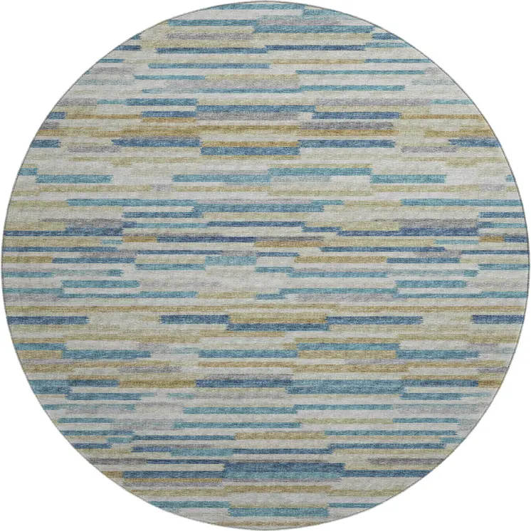 8' Blue Ivory And Gold Abstract Washable Round Rug With UV Protection