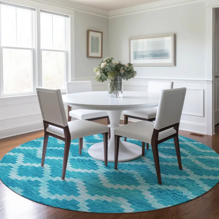 8' Turquoise And Ivory Tribal Washable Round Rug With UV Protection