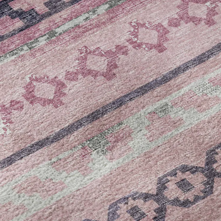 8' X 10' Pink Ivory And Gray Tribal Washable Area Rug With UV Protection