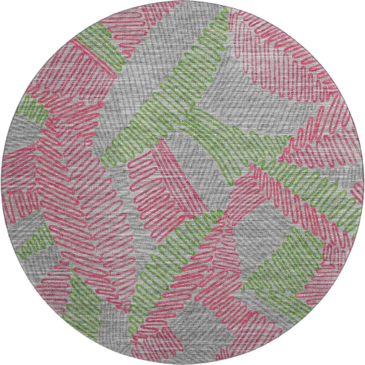 8' Pink Green And Gray Botanical Leaves Washable Round Rug With UV Protection