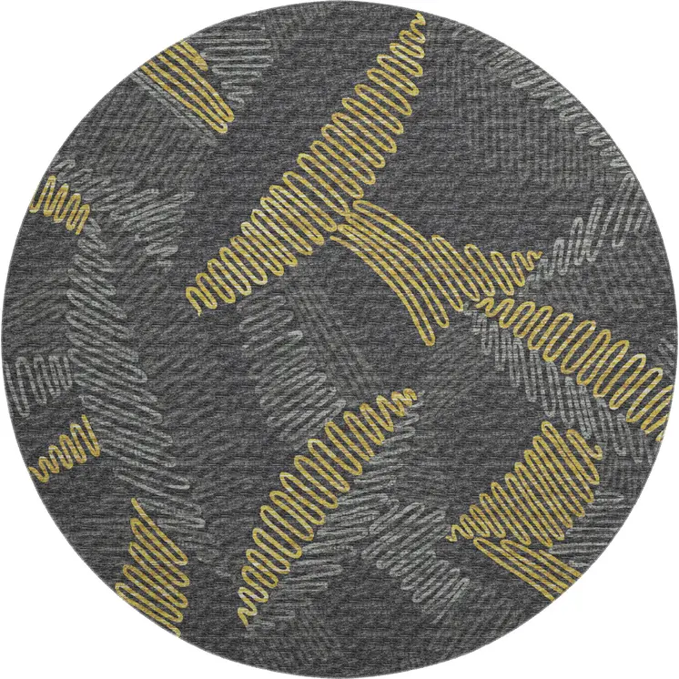 8' Gray Gold And Black Botanical Leaves Washable Round Rug With UV Protection