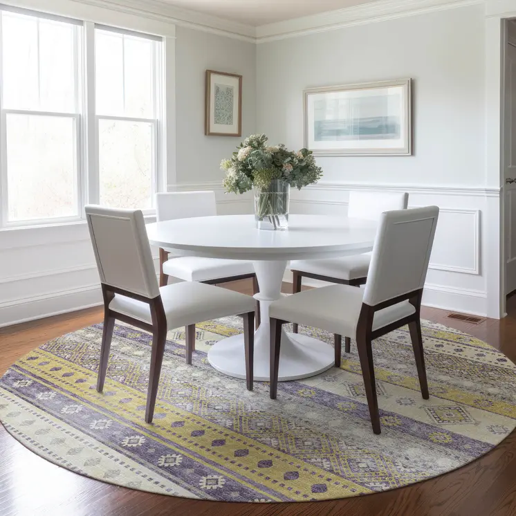 8' Purple Ivory And Gold Tribal Washable Round Rug With UV Protection