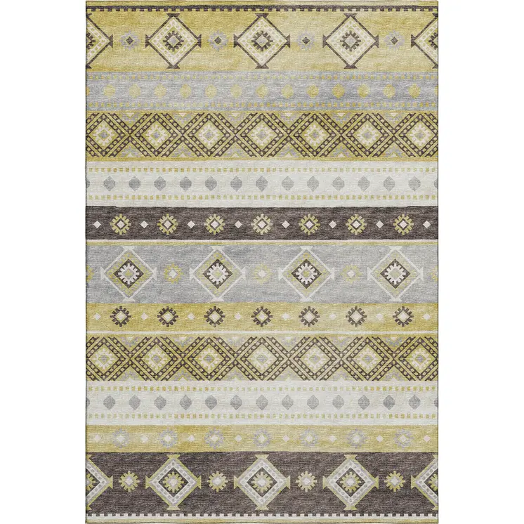 5' X 8' Gold Ivory And Gray Tribal Washable Area Rug With UV Protection