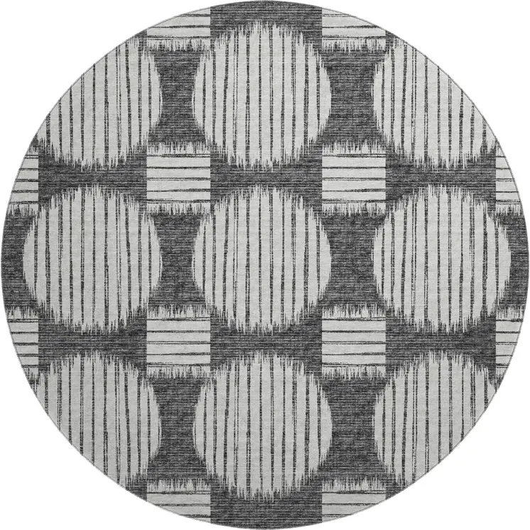 8' Gray And Charcoal Geometric Washable Round Rug With UV Protection