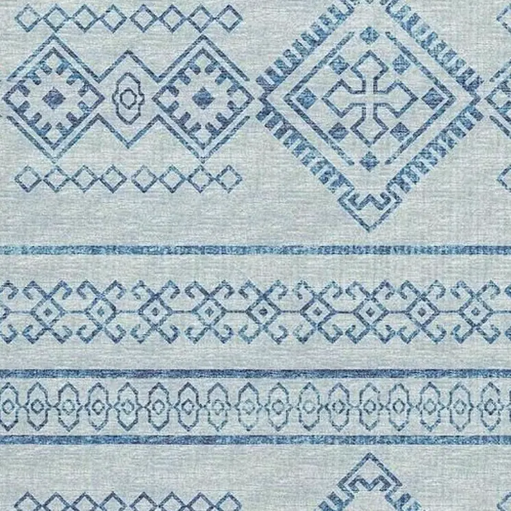 5' X 8' Blue And Ivory Tribal Washable Area Rug With UV Protection