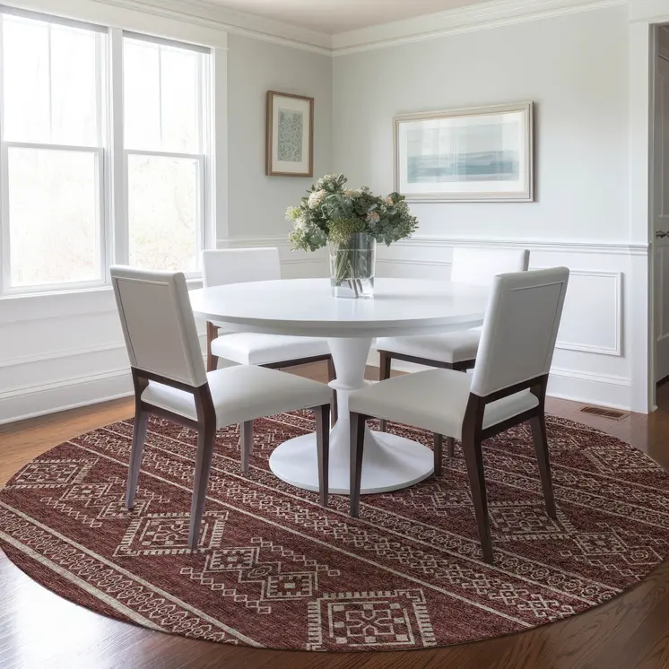 8' Burnt Sienna And Ivory Tribal Washable Round Rug With UV Protection