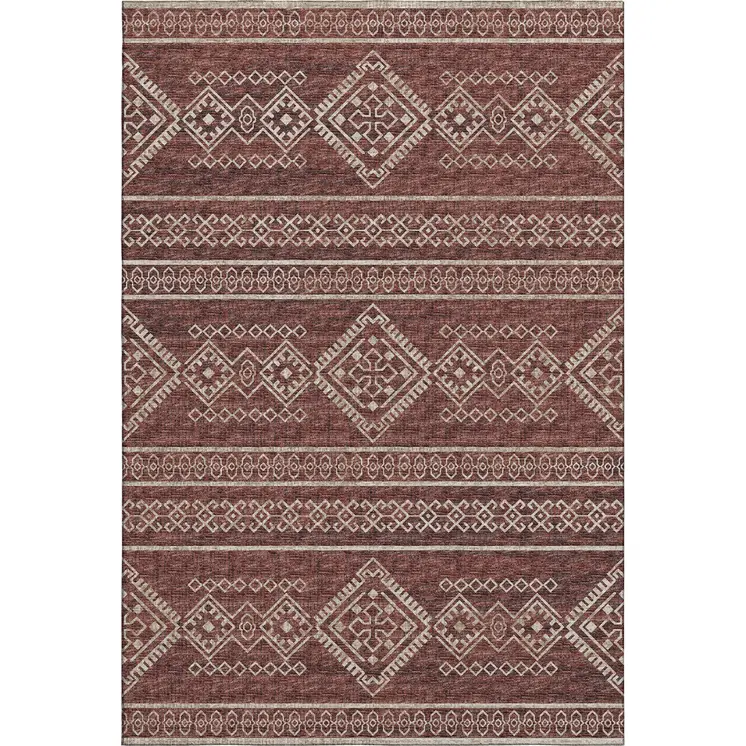 9' X 12' Burnt Sienna And Ivory Tribal Washable Area Rug With UV Protection