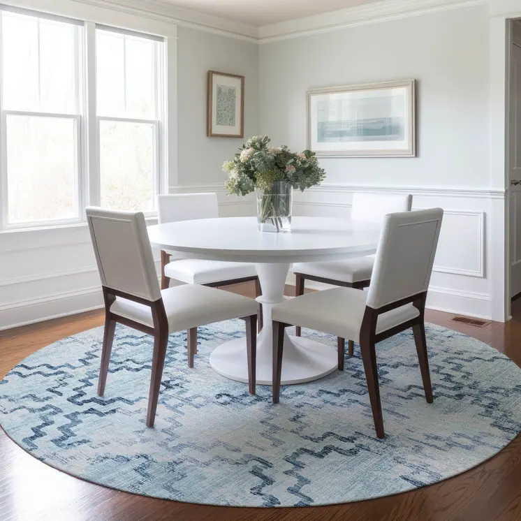 8' Blue And Light Blue Tribal Washable Round Rug With UV Protection