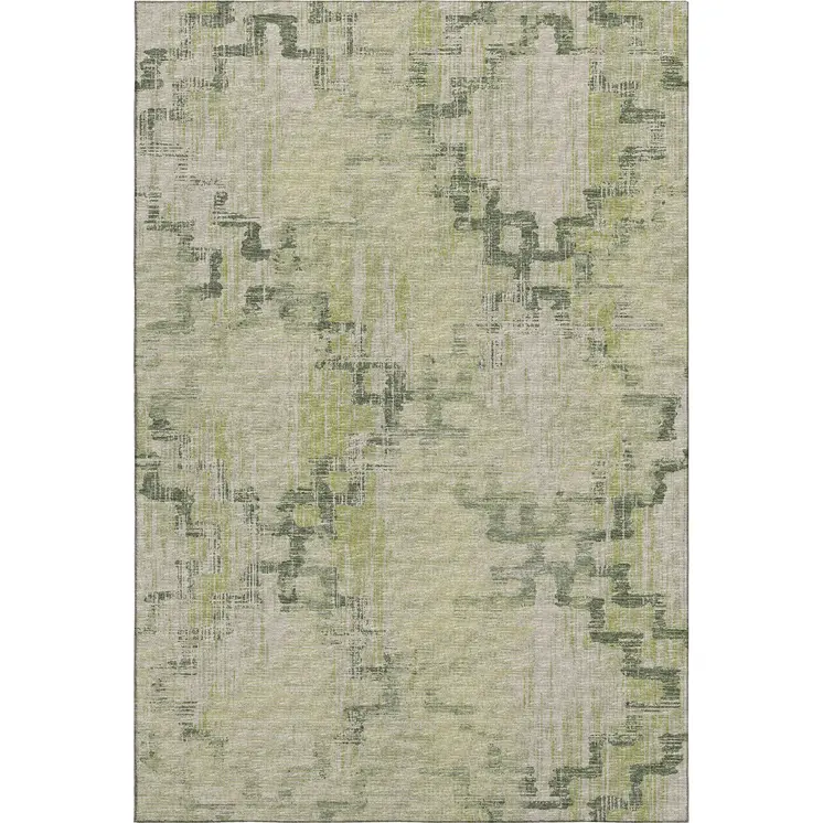 9' X 12' Green And Beige Tribal Washable Area Rug With UV Protection