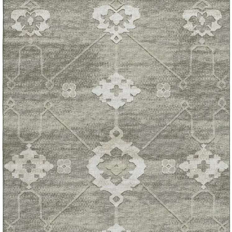 10' X 14' Olive Green And Ivory Floral Medallion Washable Area Rug With UV Protection